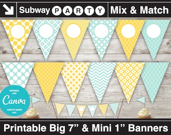 Yellow Mint Printable Party Banner & Mini Cake Bunting. Spring Fresh Shabby Chic Banner. DIY Editable Banner Blank Text. INSTANT DOWNLOAD