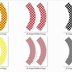 Pu&ograve; includere: Sei modelli di involucri per cupcake stampabili con pois e strisce rosse, gialle e nere. I modelli sono in coppia, con ogni coppia che presenta un motivo diverso.