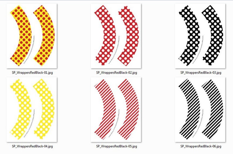 Pu&ograve; includere: Sei modelli di involucri per cupcake stampabili con pois e strisce rosse, gialle e nere. I modelli sono in coppia, con ogni coppia che presenta un motivo diverso.