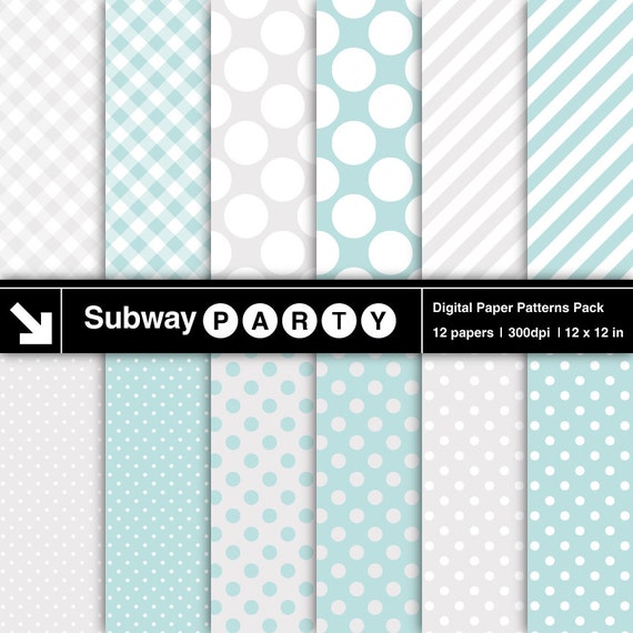 Soft Aqua Blue and Silver Gray Polka Dots, Candy Stripes & Gingham Digital Papers . Scrapbook / Invites DIY 12x12 jpg INSTANT DOWNLOAD Il_570xn