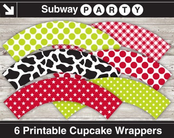 Printable Farm / BBQ Party Cupcake Wrappers in Cow Print, Red and Green Gingham, Polka Dot and Stars Patterns. Diy 8x11 jpg INSTANT DOWNLOAD