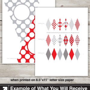 May include: Printable cake bunting template with 13 files, each measuring 8.5 inches by 11 inches. The template features a variety of red and gray patterns, including polka dots, gingham, and diamonds. The text "Subway PARTY" is included in the image.