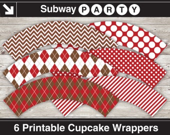 Utskrivbara röda och bruna muffinsformar med sockmonster i chevron-, argyle-, prickiga och godisränder. Utskrivbar DIY-fest, 8,5x11 JPG-nedladdning