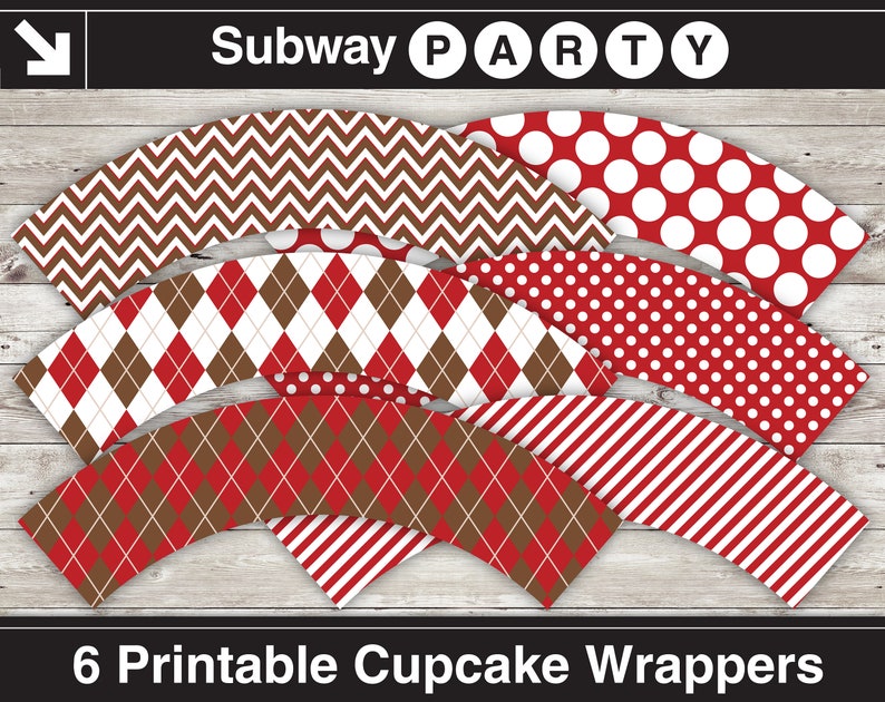 May include: Six printable cupcake wrappers with different patterns. The patterns include red and white polka dots, red and white stripes, red and brown argyle, and red and brown chevron. The wrappers are labeled "Subway Party".