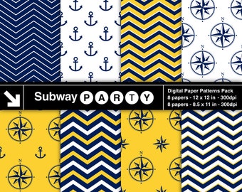 Nautical Yellow, Navy and White Digital Papers Pack. Chevron, Anchors, Compasses. Scrapbook / Invite DIY 8.5x11 12x12 jpg. INSTANT DOWNLOAD