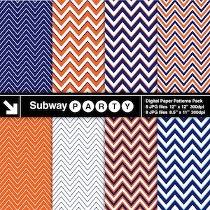 K&ouml;nnte beinhalten: Digitales Papiermuster-Paket mit acht Chevron-Designs in Orange, Wei&szlig; und Blau. Die Muster sind 30,5 cm x 30,5 cm und 21,6 cm x 27,9 cm gro&szlig;.