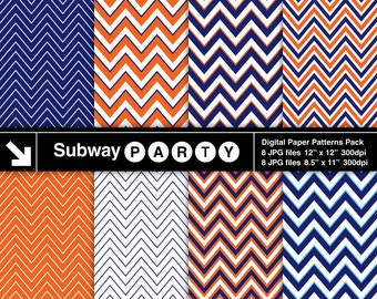 Navy Blue Orange Chevron Digital Papers. Thick & Thin Chevron. Scrapbook / Party Papers / Invites DIY 8.5x11, 12x12 jpg INSTANT DOWNLOAD