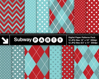 Two-tone Aqua Blue and Red Chevron, Argyle & Polka Dots Digital Papers Pack. Scrapbook / Xmas Card DIY 8.5x11 / 12x12 jpg INSTANT DOWNLOAD.