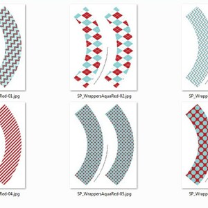 May include: Six printable cupcake wrapper designs featuring a combination of red and blue patterns. The patterns include chevron, polka dots, stripes, and argyle.