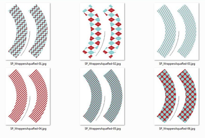 May include: Six printable cupcake wrapper designs featuring a combination of red and blue patterns. The patterns include chevron, polka dots, stripes, and argyle.