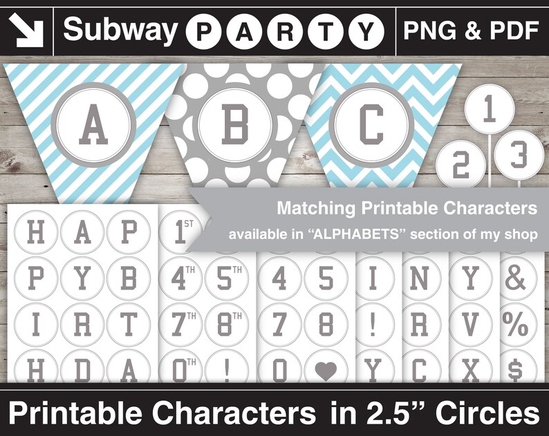 Puede incluir: Decoraciones de fiesta imprimibles en azul y gris con un patr&oacute;n de chevron, lunares y rayas. Las decoraciones incluyen las letras A, B, C y los n&uacute;meros 1, 2, 3, 4, 5, 7, 8 y 0. El texto "Subway Party" est&aacute; en la parte superior de la imagen. El texto "Printable Characters in 2.5" Circles" est&aacute; en la parte inferior de la imagen.