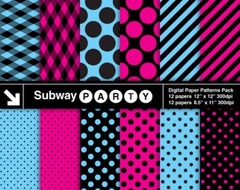 Monster Party Pink, Blue & Black Digital Papers. Plaid, Polka Dots and Stripes. Scrapbook / Invite DIY 8.5x11 12x12 jpg INSTANT DOWNLOAD