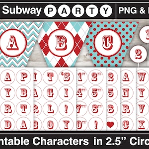 Printable Red Alphabet Letters & Numbers in 2.5" Circles. Characters for Party Banner, Cupcake Topper, Clipart. Png, Pdf CANVA Elements image 1