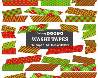 Christmas Washi Tape Strips in Red, Lime and Green Digital Clip Art, Scrapbook Photo Frame Borders, 36 PNG transparent. INSTANT DOWNLOAD