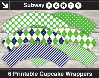 Golf Party Cupcake Wrappers Printable DIY Cupcake Liners. Navy Blue, Green Argyle, Stripes & Golf Balls. Jpg 8x11. INSTANT DOWNLOAD