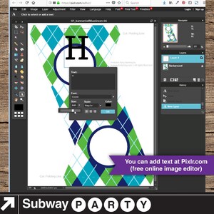 May include: A printable party banner with a blue, green, and white argyle pattern. The banner has a circle with the letter "H" in it. The text "You can add text at Pixlr.com (free online image editor)" is at the bottom of the image. The text "Subway PARTY" is at the bottom of the image.