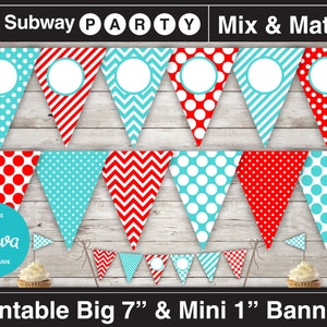 May include: Printable party banner set with red and blue triangle flags. The flags have different patterns, including polka dots, stripes, and chevron. The banner is editable with Canva and includes a how-to guide. The banner is available in two sizes: 7 inches and 1 inch.