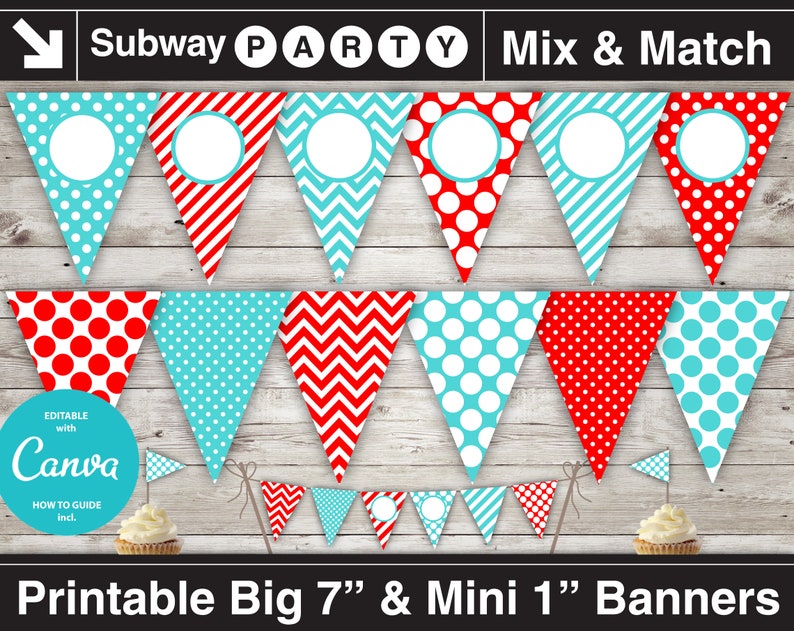 May include: Printable party banner set with red and blue triangle flags. The flags have different patterns, including polka dots, stripes, and chevron. The banner is editable with Canva and includes a how-to guide. The banner is available in two sizes: 7 inches and 1 inch.