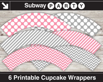 Pirottini per cupcake rosa e grigi. Chevron rosa, grigi, pois e strisce. Stampabili e fai da te. DOWNLOAD IMMEDIATO.