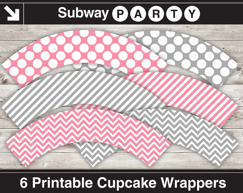 May include: Six printable cupcake wrappers with various patterns, including polka dots, stripes, and chevrons, in pink and gray. The text "Subway PARTY" is at the top, and "6 Printable Cupcake Wrappers" is at the bottom.