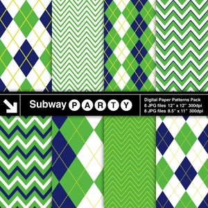 Papeles digitales para fiesta de golf. Papeles para álbumes de recortes/fiestas con diseño de chevrones y rombos en azul marino y verde, invitaciones DIY. 8.5x11 y 12x12 Jpg. DESCARGA INSTANTÁNEA.