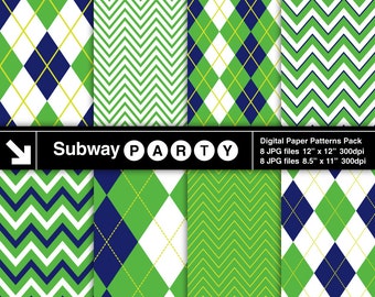 Golf Party Digital Papers. Navy Blue and Green Chevron and Argyle Scrapbook / Party Papers, DIY Invites. 8.5x11 & 12x12 Jpg INSTANT DOWNLOAD