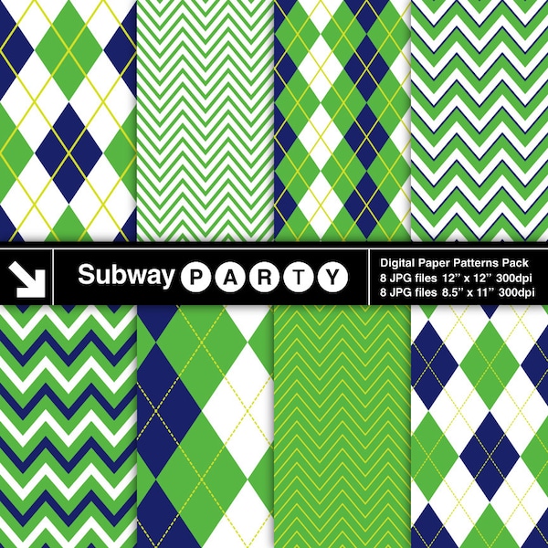 Golf Party Digital Papers. Navy Blue and Green Chevron and Argyle Scrapbook / Party Papers, DIY Invites. 8.5x11 & 12x12 Jpg INSTANT DOWNLOAD