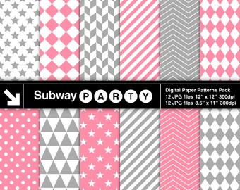 Pink and Grey Geometric Digital Papers Pack in Chevron, Checks, Stars & Stripes. Scrapbook / Invites DIY 8.5x11 12x12 jpg INSTANT DOWNLOAD