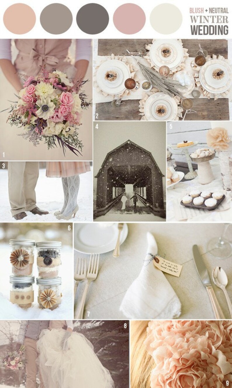 May include: A collage of images with a blush and neutral winter wedding theme. Includes a bouquet of pink and white flowers, a table setting with white plates, a covered bridge, and decorated mason jars.