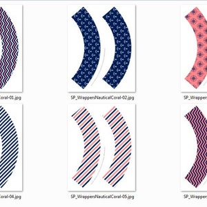May include: A collection of nautical-themed cupcake wrappers. Designs include navy blue and white chevron, anchors, stripes, and compass rose patterns. The wrappers are in shades of navy, coral, and white, perfect for a marine or beach-themed event.