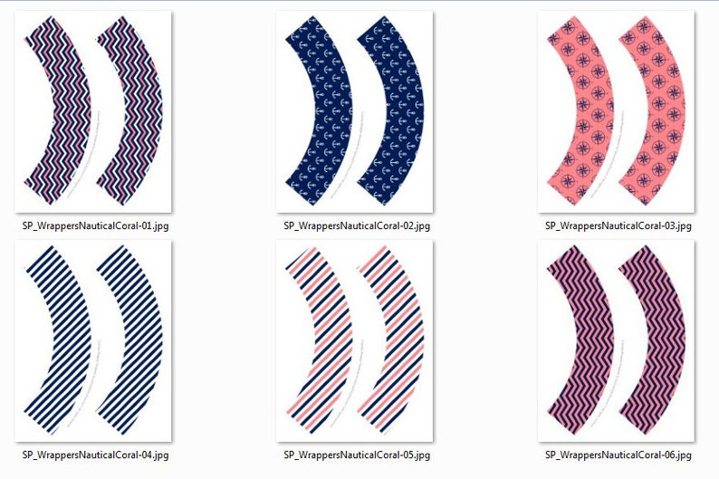 May include: A collection of nautical-themed cupcake wrappers. Designs include navy blue and white chevron, anchors, stripes, and compass rose patterns. The wrappers are in shades of navy, coral, and white, perfect for a marine or beach-themed event.