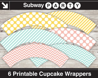 Yellow Mint Coral Cupcake Wrappers / Cupcake Liners. Chevron, Polka Dots & Stripes. Printable DIY. INSTANT DOWNLOAD.