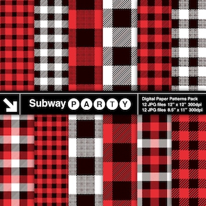 May include: A digital paper pack featuring 12 different red, black and white plaid patterns. The patterns are in a 12" x 12" and 8.5" x 11" format. The text "Subway PARTY" is at the top of the image.