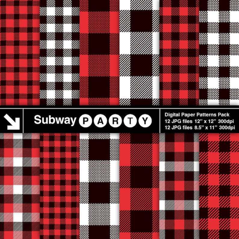 May include: A digital paper pack featuring 12 different red, black and white plaid patterns. The patterns are in a 12" x 12" and 8.5" x 11" format. The text "Subway PARTY" is at the top of the image.