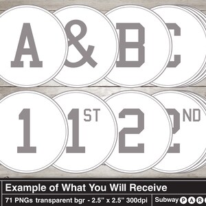 May include: A set of 71 printable, 2.5 inch round, white circle labels with gray text. The labels feature the letters A, B, and C, the ampersand symbol, and the numbers 1 and 2 with the words "1st" and "2nd". The labels are designed for a subway party.