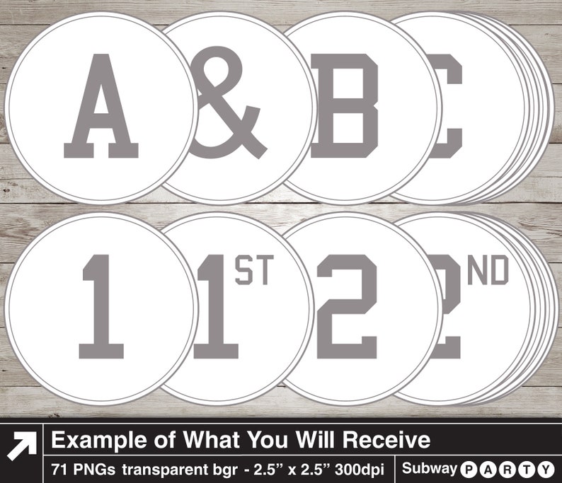 May include: A set of 71 printable, 2.5 inch round, white circle labels with gray text. The labels feature the letters A, B, and C, the ampersand symbol, and the numbers 1 and 2 with the words "1st" and "2nd". The labels are designed for a subway party.