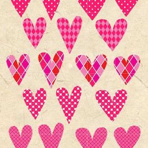 May include: A collection of pink heart shapes with various patterns, including polka dots, diamonds, and geometric designs. The hearts are arranged on a textured, off-white background, creating a visually appealing design. The hearts are in shades of pink and red.