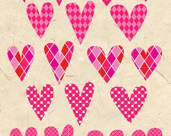 Valentinstag Herz Clipart in Pink, Magenta, Rot mit Punkten und Rauten. Clipart, Scrapbook, Karten-DIY. png, jpg. SOFORTIGER DOWNLOAD