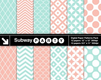 Mint Coral Digital Papers. Chevron, Diamond, Lattice, Trellis, Scallops, Scales. Scrapbook / Invite DIY 8.5x11 & 12x12 jpg INSTANT DOWNLOAD