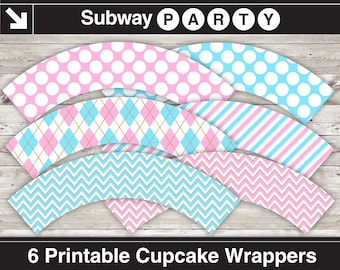 Utskrivbara muffinsformar för könsavslöjande. Babyblå, rosa och guldfärgade argyle-, chevron- och prickar. Babyshower-dekor DIY jpg DIREKT NEDLADDNING
