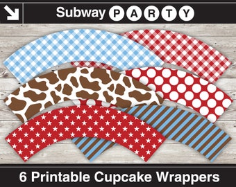 Printable Cowboy Party Cupcake Wrappers DIY. Brown Cow Print, Red, White, Baby Blue Gingham, Stars & Stripes. INSTANT DOWNLOAD