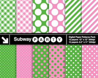 Pink and Green Digital Papers Pack in Polka Dot, Stripes & Gingham Pattern. Scrapbook / Invite DIY 8.5x11 and 12x12 jpg. INSTANT DOWNLOAD
