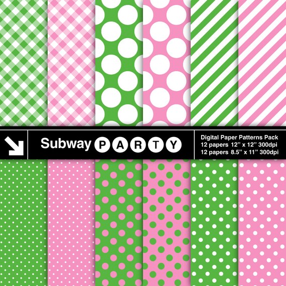 Pink and Green Digital Papers Pack in Polka Dot, Stripes & Gingham Pattern. Scrapbook / Invite DIY 8.5x11 and 12x12 jpg. INSTANT DOWNLOAD Il_570xn