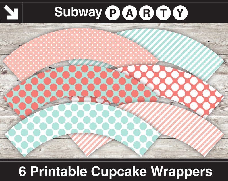 May include: Six printable cupcake wrappers in a variety of patterns. The patterns include pink and white polka dots, light blue and coral polka dots, and light blue and pink stripes. The wrappers are labeled "Subway Party".