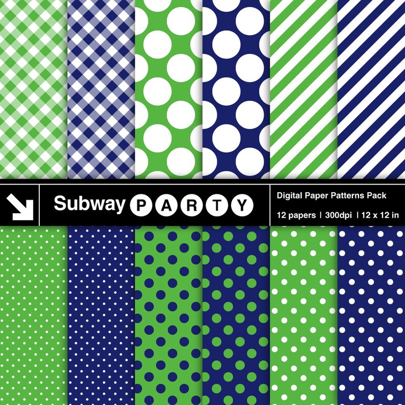May include: A digital paper pack featuring 12 different patterns in green and blue. The patterns include gingham, polka dots, and stripes. The text "Subway Party" is at the top of the image.