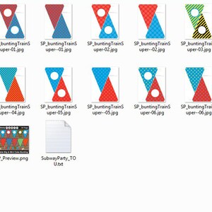 May include: A set of printable party decorations featuring a train theme. The designs include red, blue, and yellow triangles with white polka dots, stripes, and circles. The text "SP_bunting TrainS" is included in the file names.
