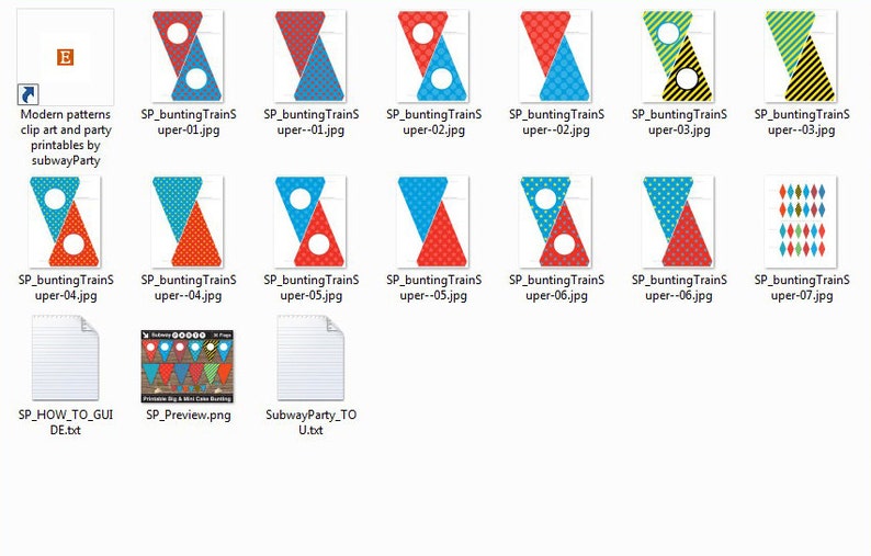 May include: A set of printable party decorations featuring a train theme. The designs include red, blue, and yellow triangles with white polka dots, stripes, and circles. The text "SP_bunting TrainS" is included in the file names.