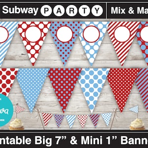 Blue and Red Train Party Printable Banner & Mini Cake Bunting. Blue Red Dots and Stripes. DIY Blank Text Editable Banner INSTANT DOWNLOAD image 1