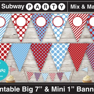 May include: Printable party banner set with red, white, and blue triangle flags. The flags have different patterns, including polka dots, stripes, and solid colors. The banner is editable with Canva and includes a how-to guide. The banner is available in two sizes: 7 inches and 1 inch.