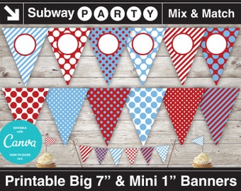 Blue and Red Train Party Printable Banner & Mini Cake Bunting. Blue Red Dots and Stripes. DIY Blank Text Editable Banner INSTANT DOWNLOAD